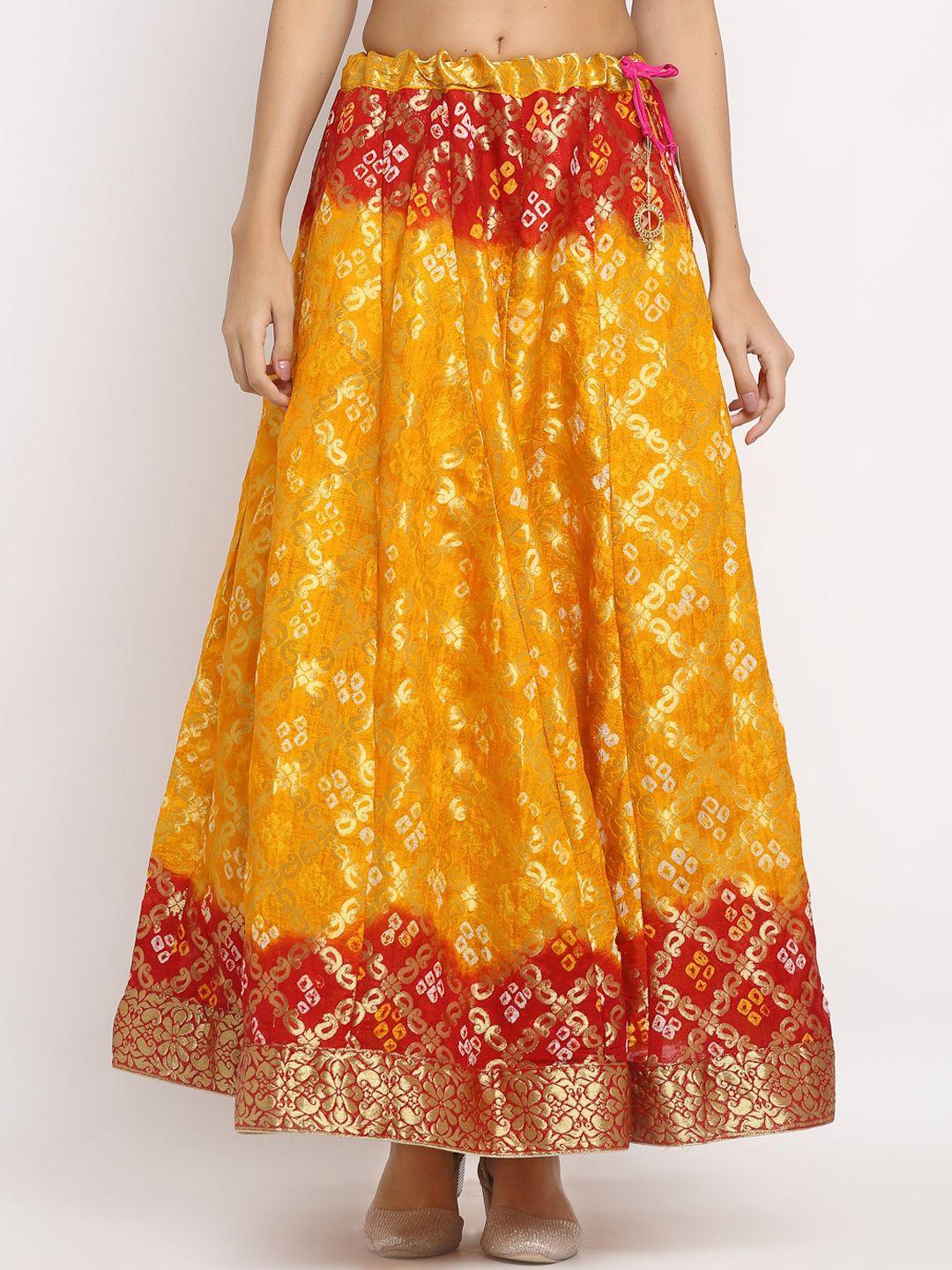 soundarya women mustard yellow & red woven design banarasi flared maxi skirt