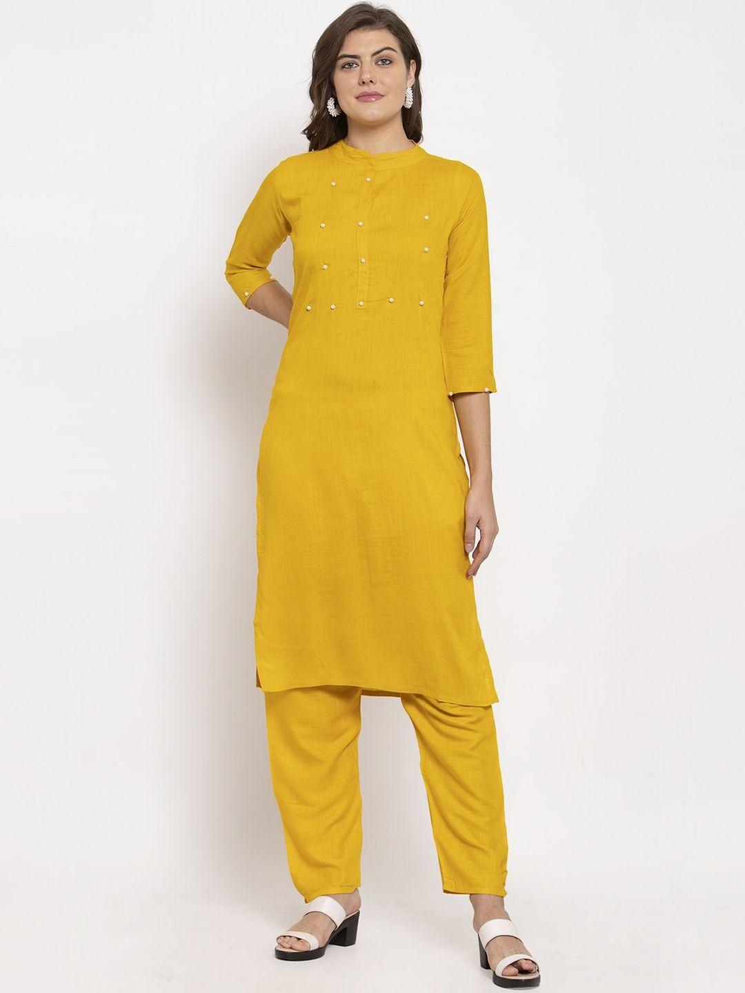 soundarya women mustard yellow beads and stones kurta with trousers