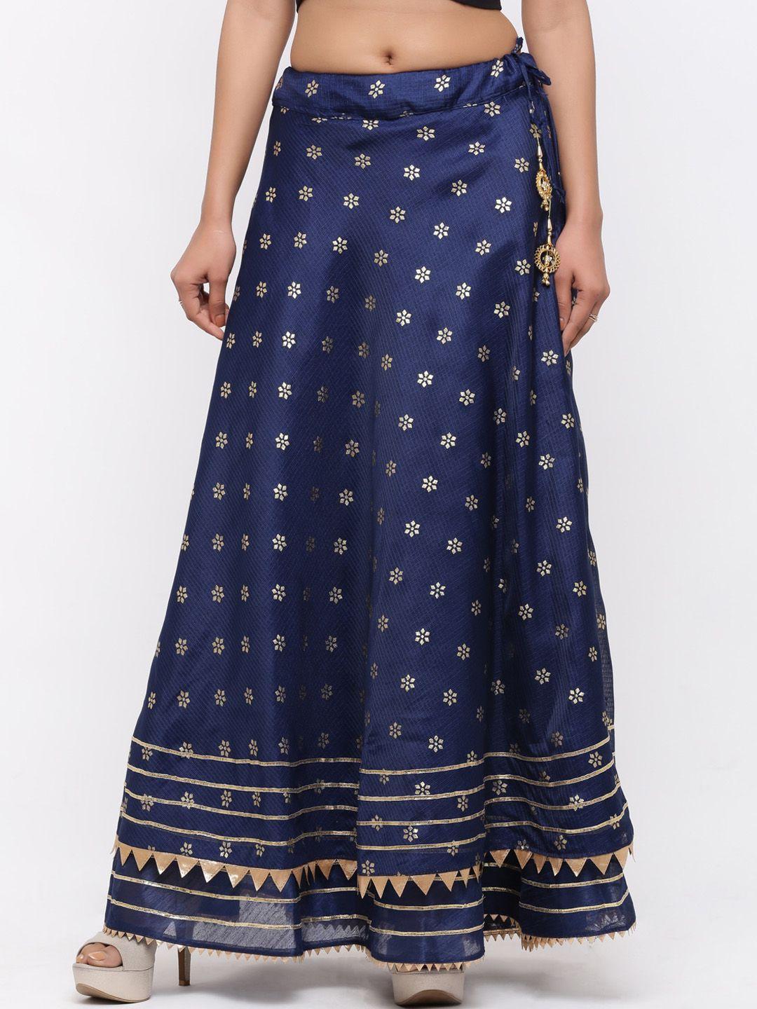 soundarya women navy blue & gold-coloured printed cotton flared maxi skirt