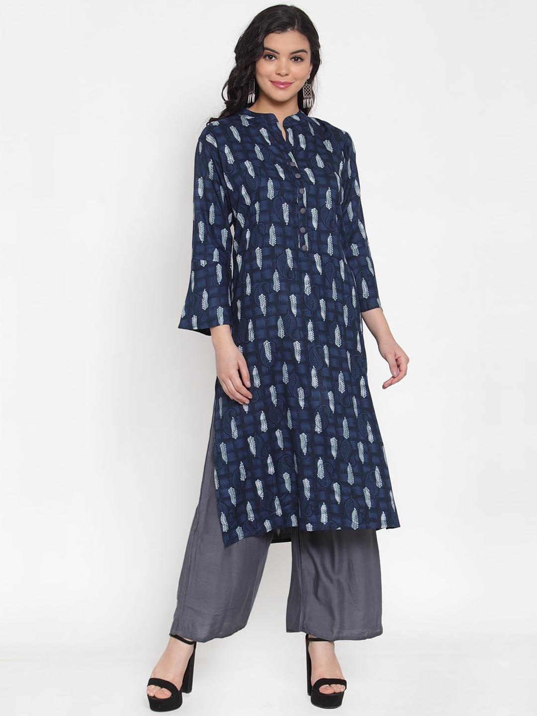 soundarya women navy blue & grey printed kurta with palazzos