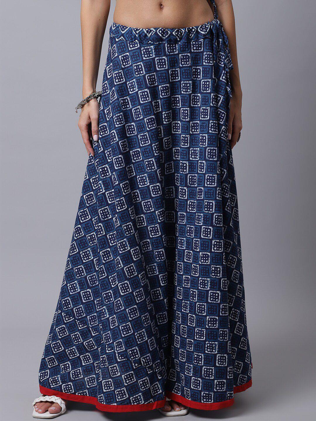 soundarya women navy blue printed cotton flared skirt