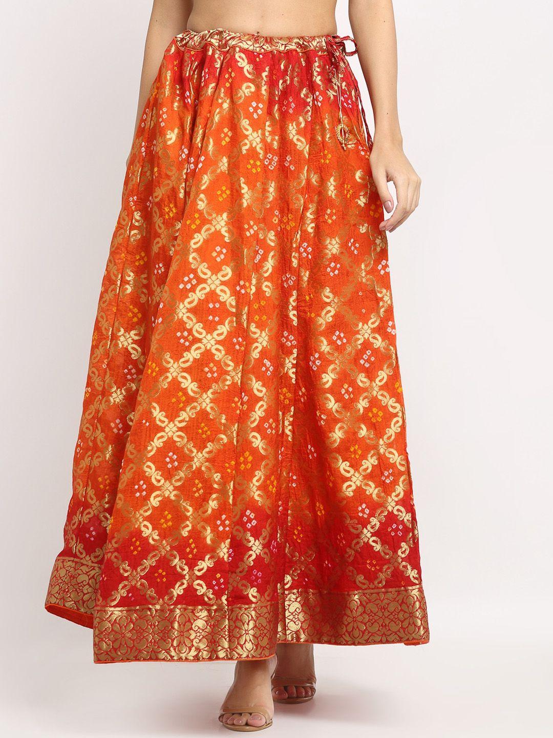 soundarya women orange & golden woven design banarasi flared maxi skirt