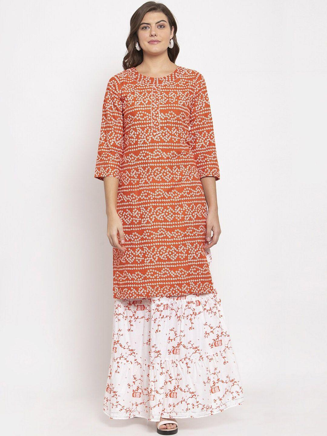 soundarya women orange bandhani printed pure cotton kurta with skirt