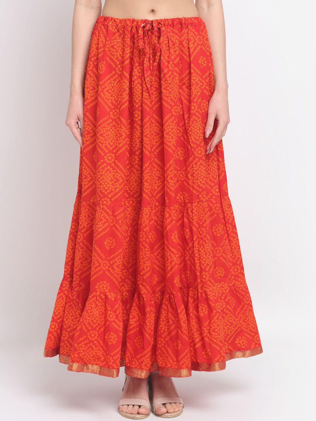 soundarya women orange printed cotton maxi flared skirts