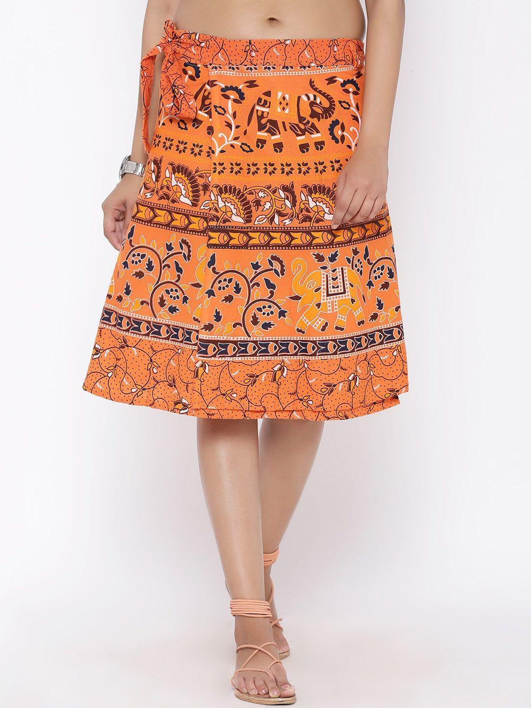 soundarya women orange printed pure cotton wrap-around skirt