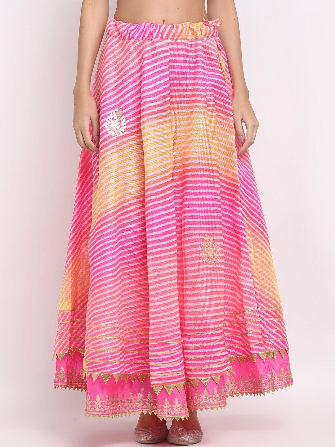 soundarya women pink & white cotton kota doriya leheriya print flared maxi skirt