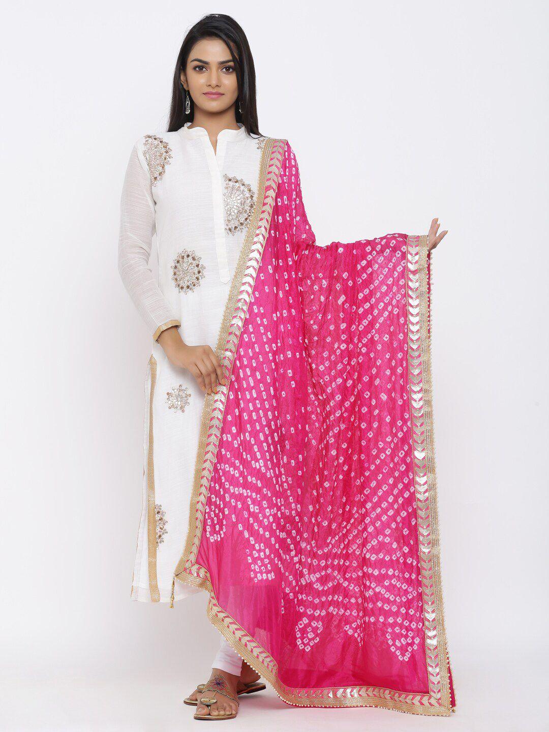 soundarya women pink & white printed art silk gotta patti bandhani dupatta