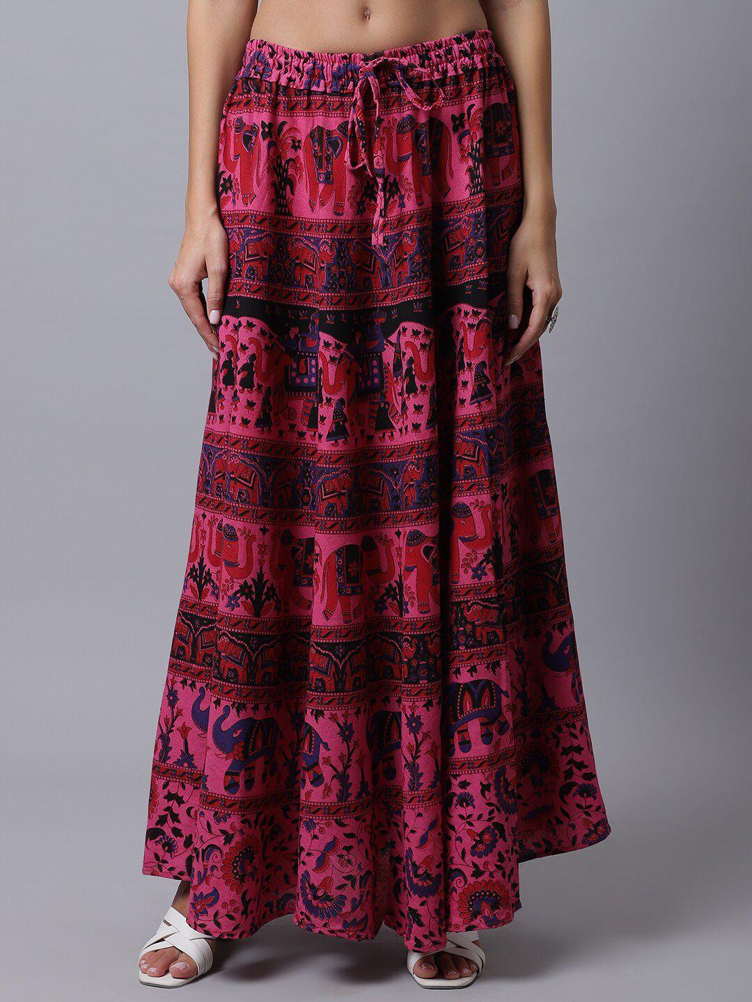 soundarya women pink  printed cotton a-line maxi skirts