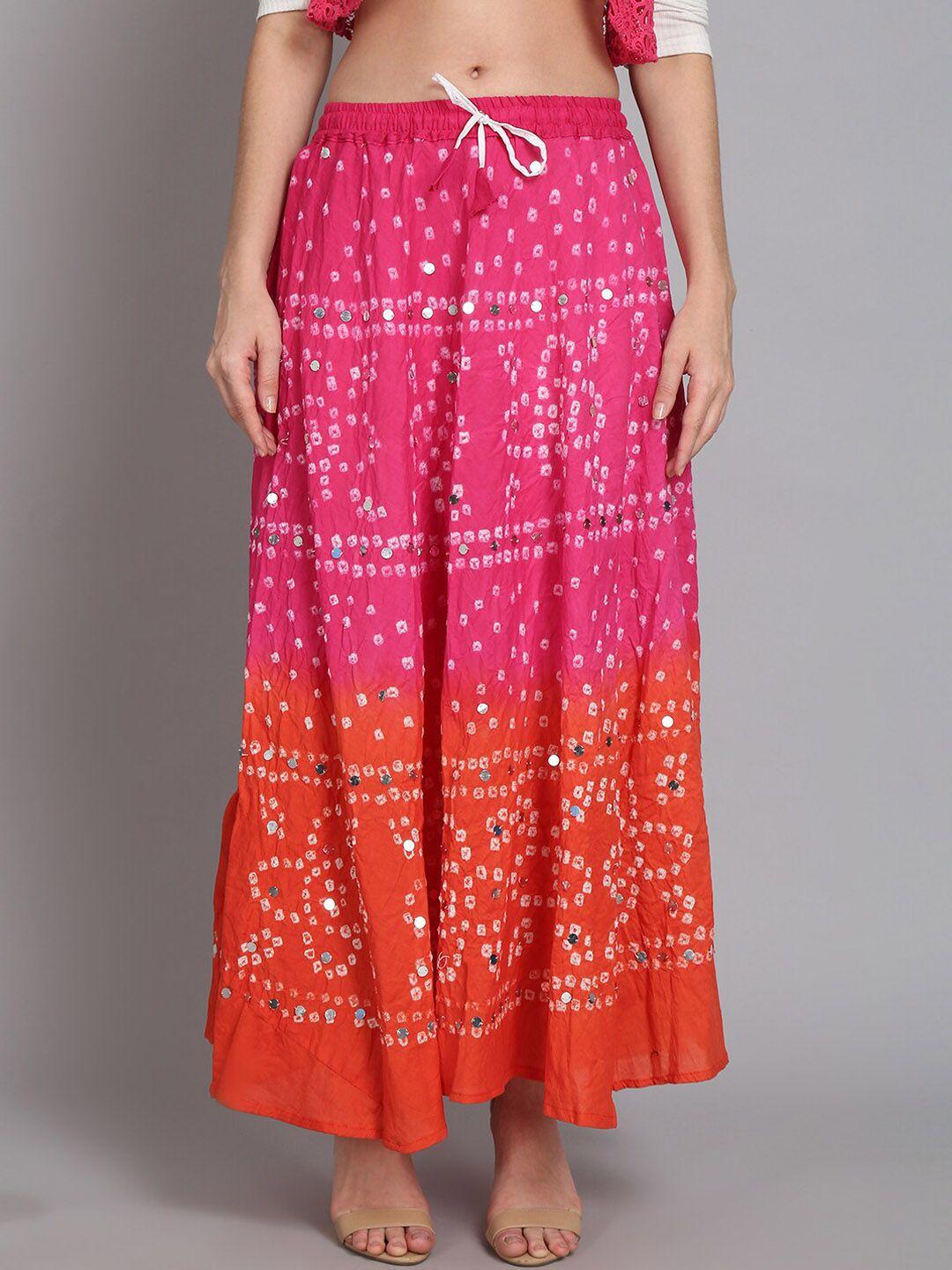 soundarya women pink printed pure cotton flared bandhej maxi skirt