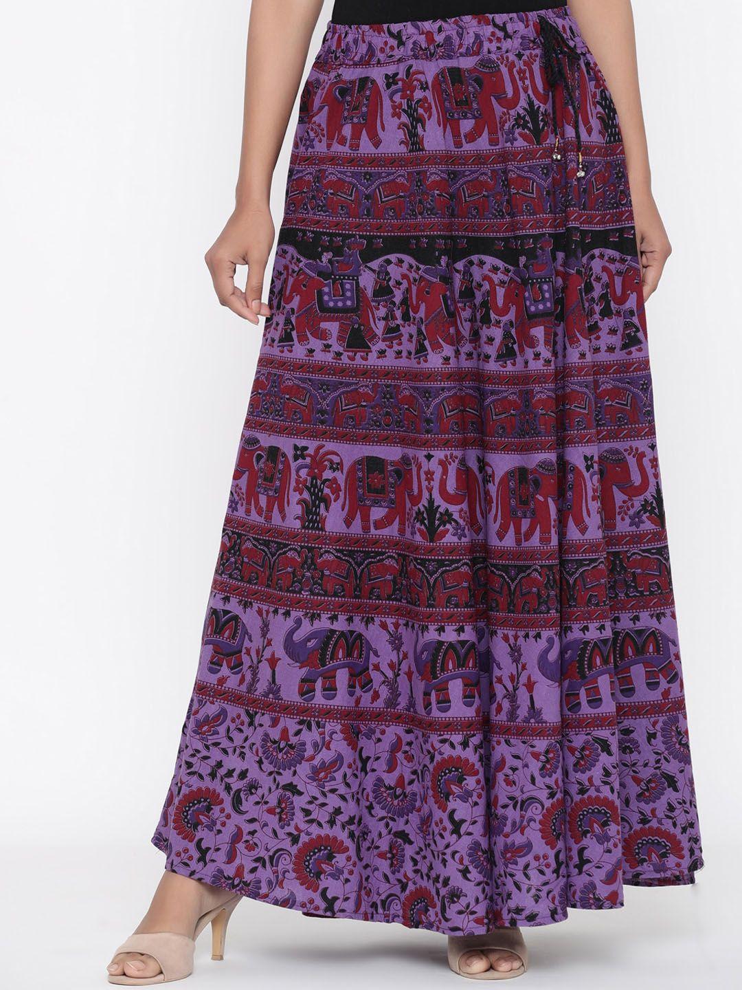 soundarya women purple & maroon printed cotton flared maxi skirt