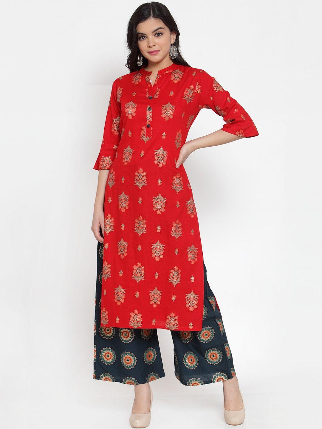 soundarya women red & navy blue printed kurta with palazzos