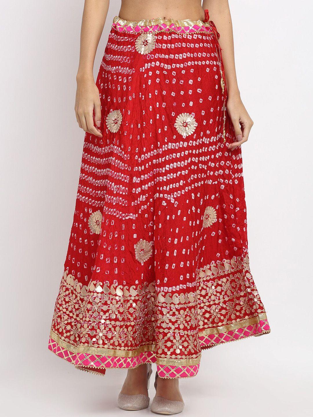 soundarya women red & white bandhej printed flared maxi skirt