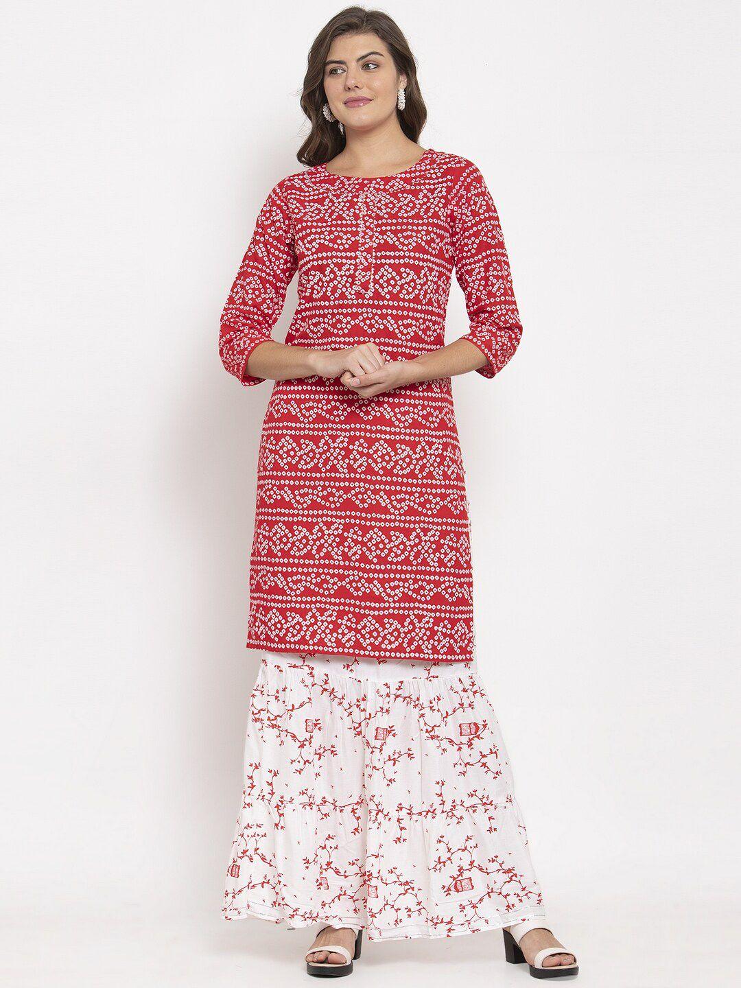 soundarya women red & white printed kurta with skirt