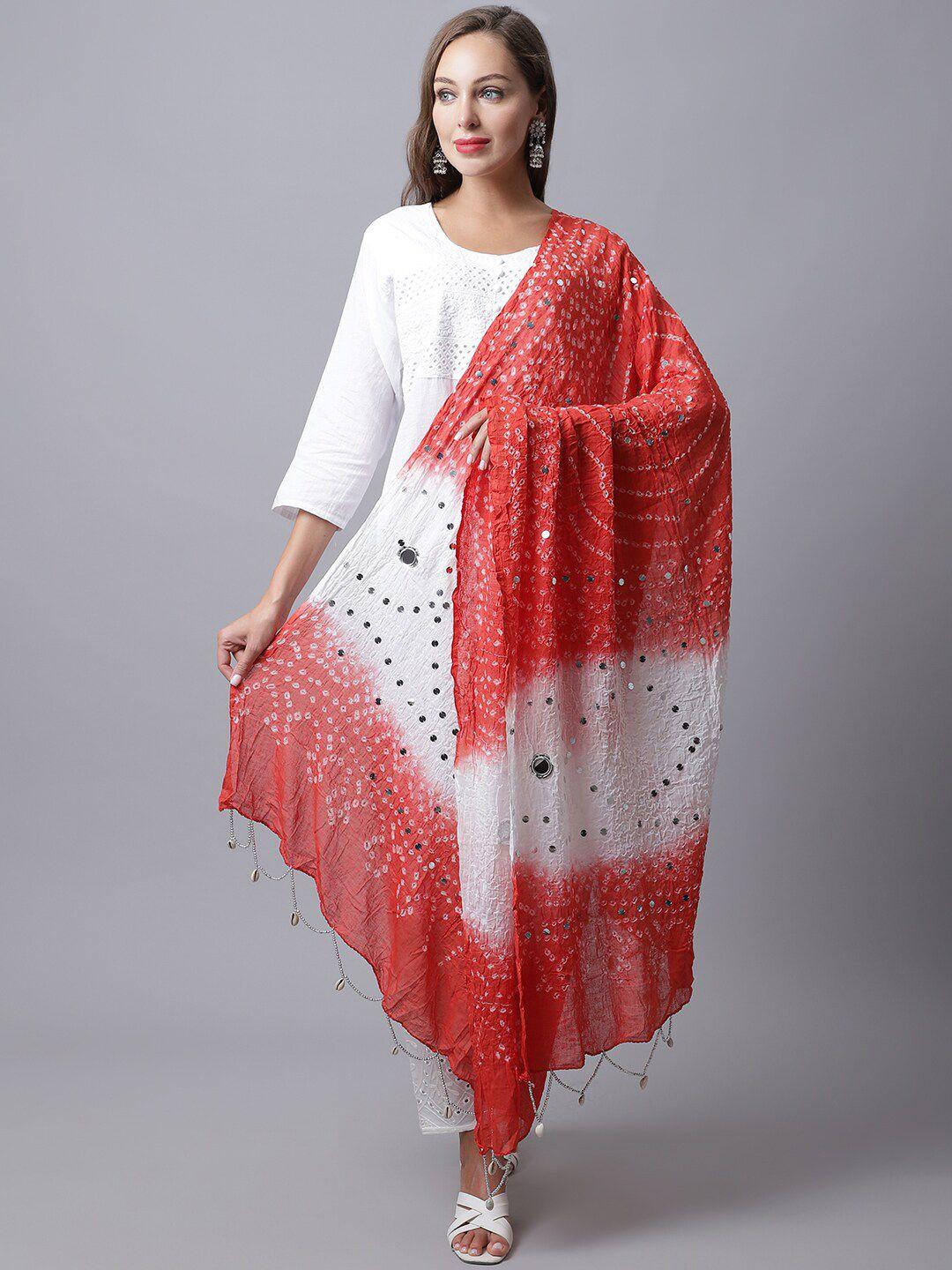 soundarya women red & white printed pure cotton bandhani dupatta with mirror work