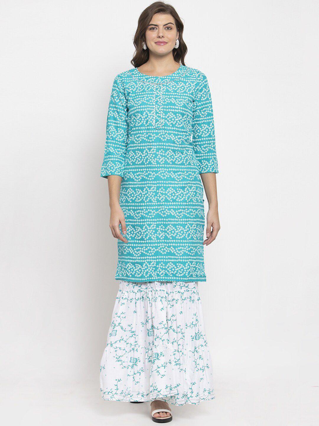 soundarya women turquoise blue & white printed kurta with skirt