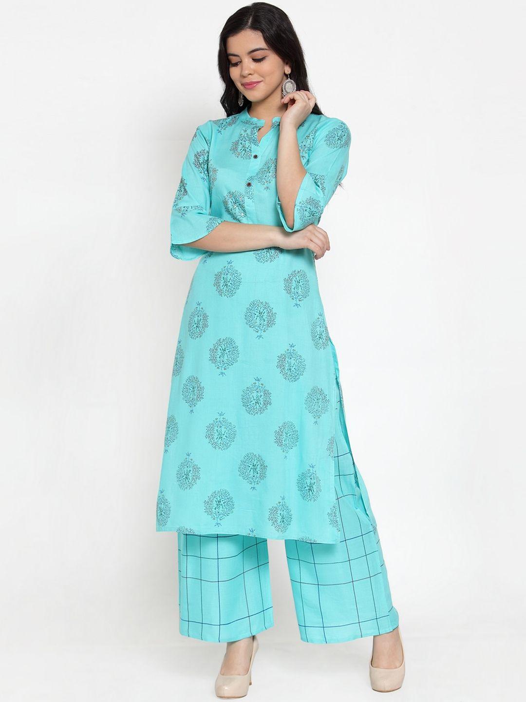 soundarya women turquoise blue printed kurta with palazzos