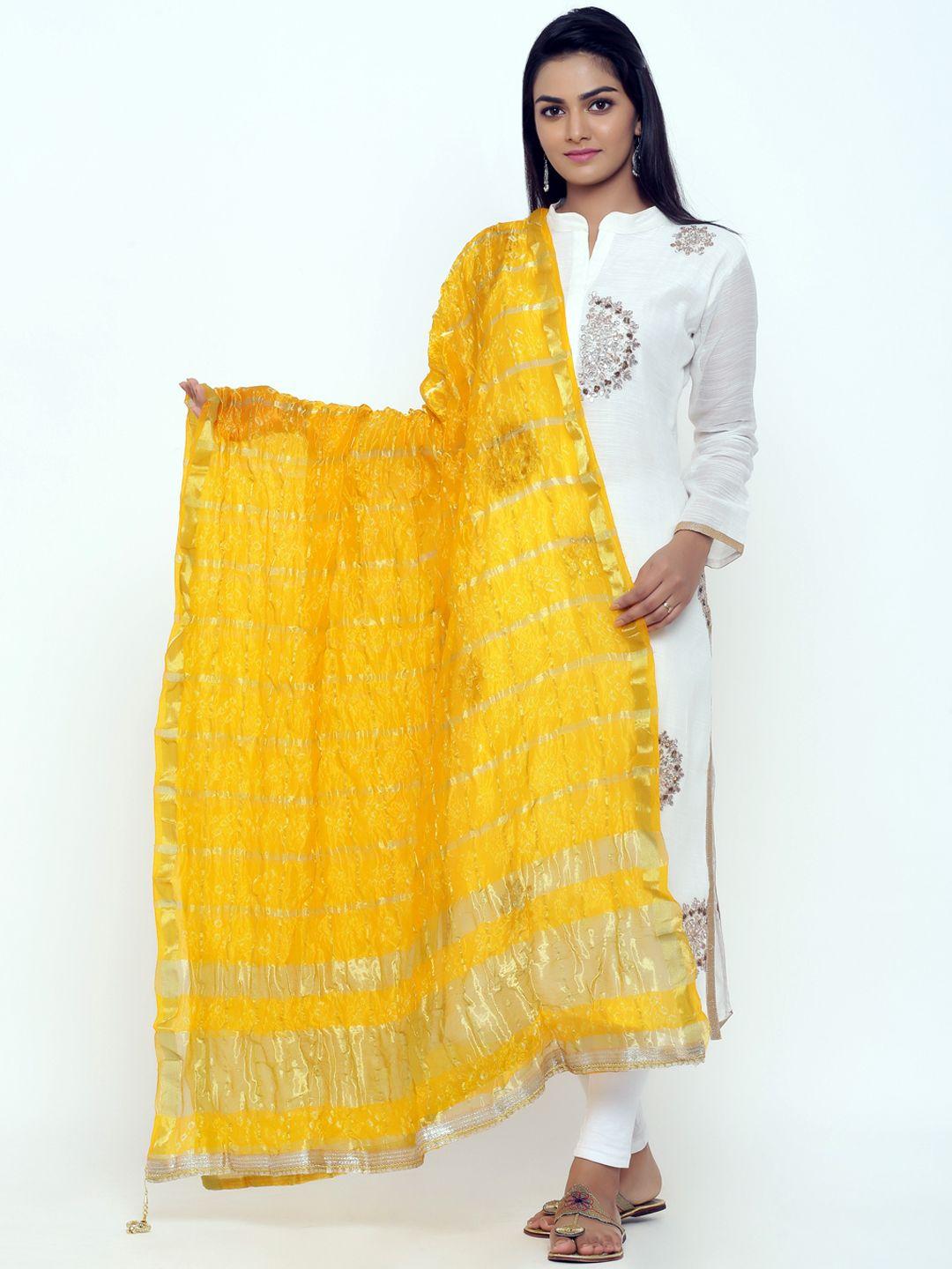soundarya women yellow & gold-coloured silk hand tie-dye bandhej dupatta