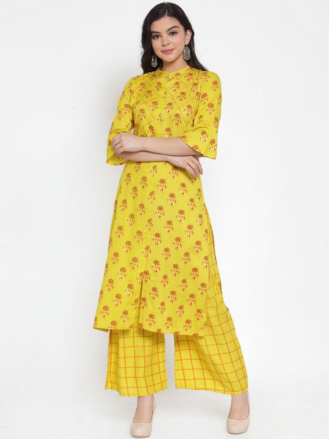 soundarya women yellow & orange floral printed kurta with palazzos