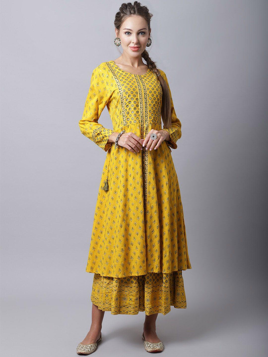soundarya women yellow ethnic motifs printed regular sleeves kurta