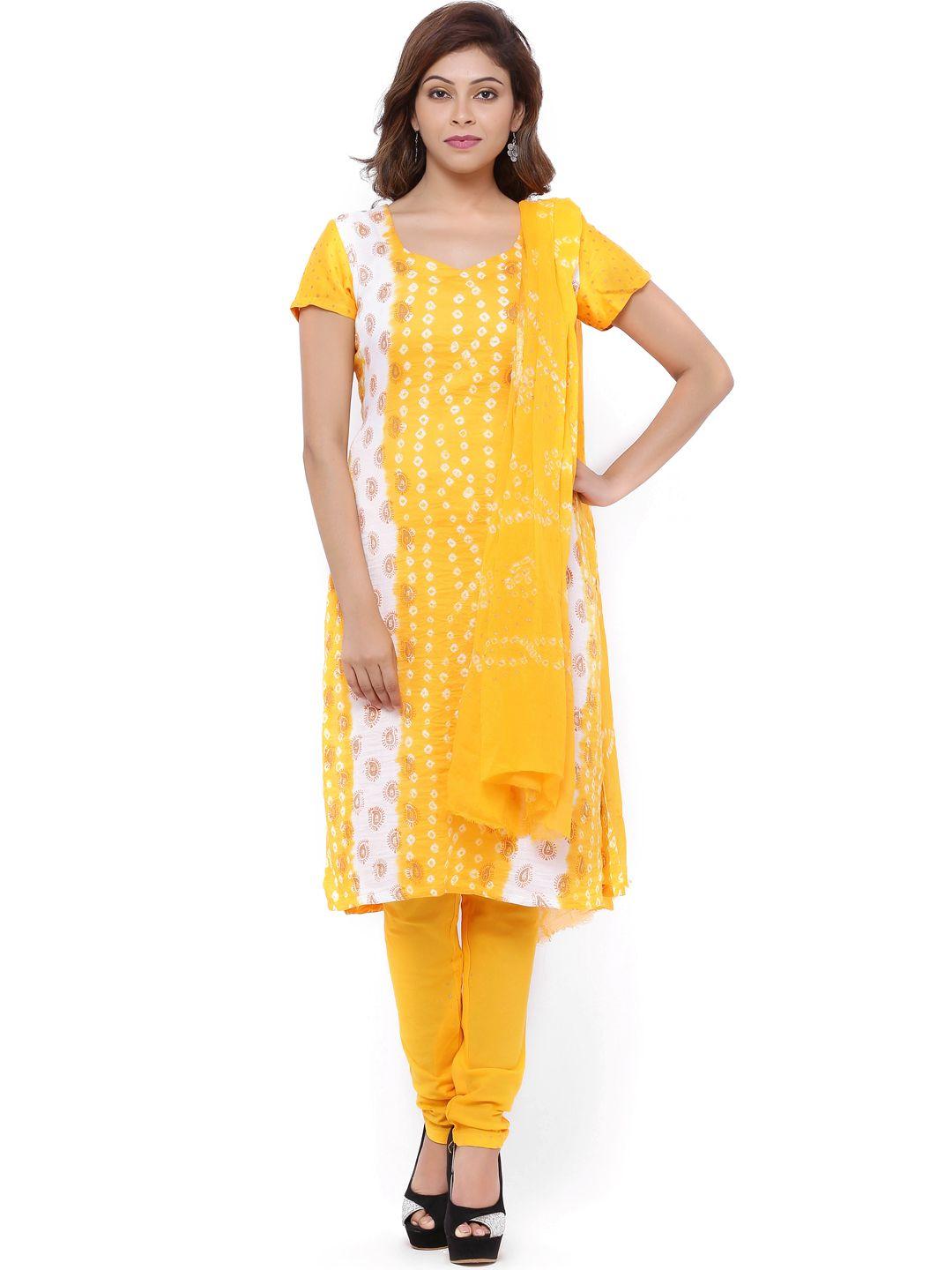soundarya yellow hand block bandhani print unstitched dress material