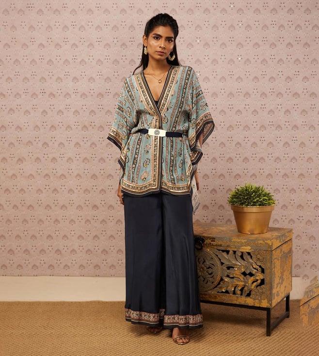 soup by sougat paul blue sarouk embroidered kaftan set with belt