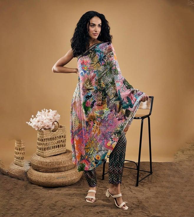 soup by sougat paul multicolor tropical twilight printed one-shoulder kurta with pants