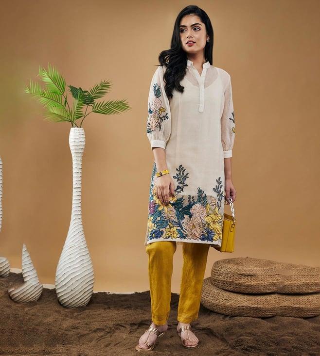 soup by sougat paul off-white & yellow zinnia applique kurta with pants