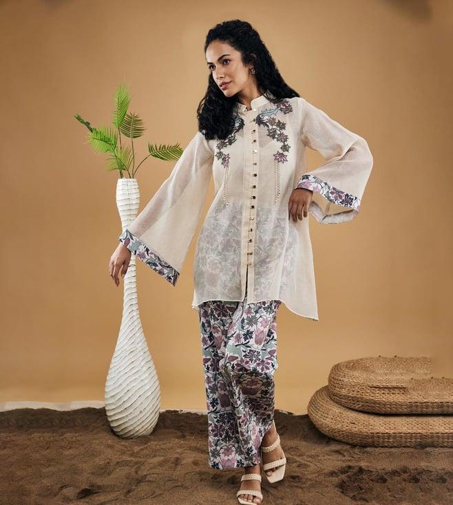 soup by sougat paul off-white pastel floral applique top with pants