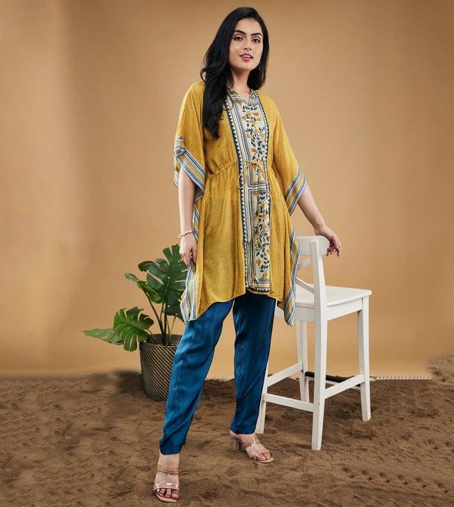 soup by sougat paul yellow & blue bird and tile printed kaftan top with pants