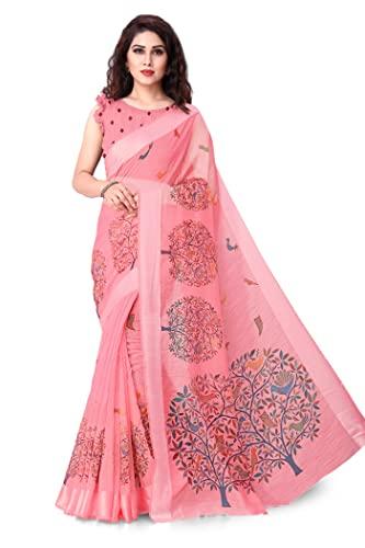 sourbh women's cotton blend woven madhubani printed saree with blouse piece (19468-light coral)