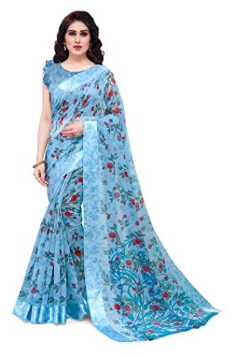 sourbh women's fancy cotton blend tropical floral printed saree with blouse piece (light blue)