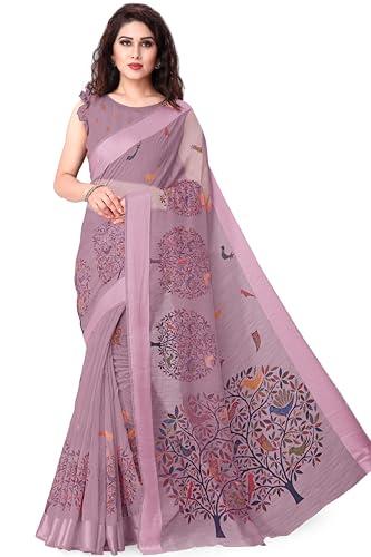 sourbh women's plain weave cotton blend madhubani printed saree with blouse piece (35795-purple wine)