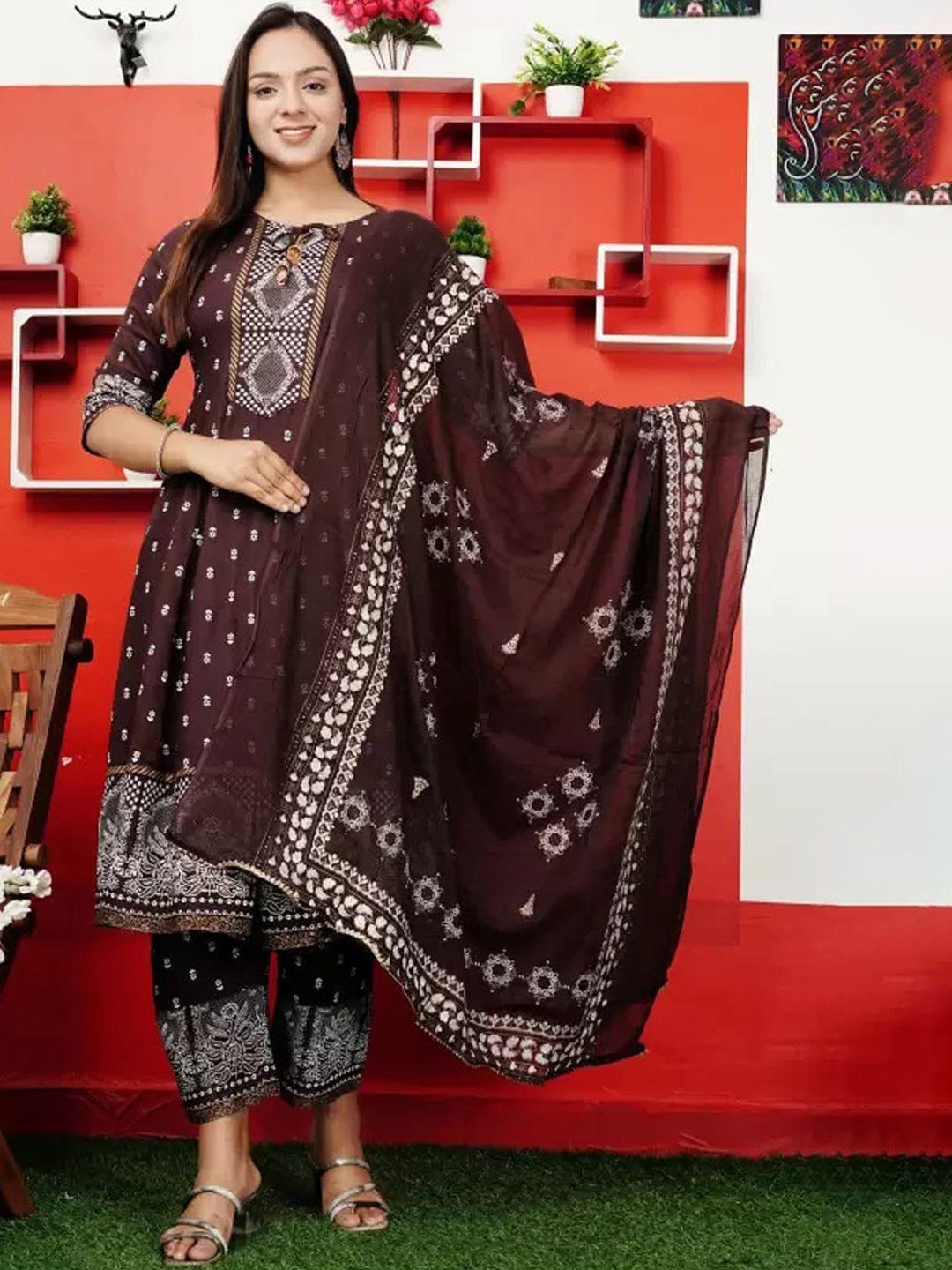 sp designs women coffee brown ethnic motifs a-line kurta with palazzos & with dupatta