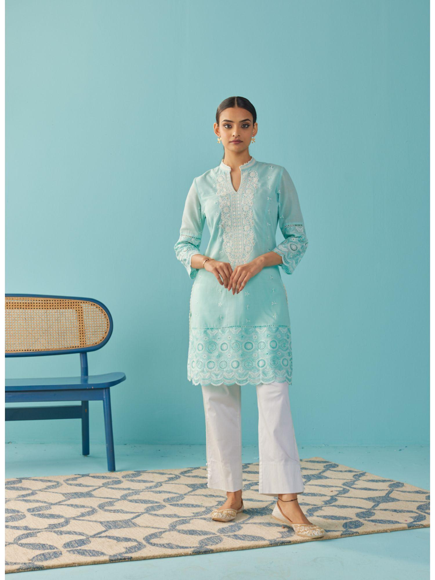 spa blue knee length kurti with embroidered sleeve