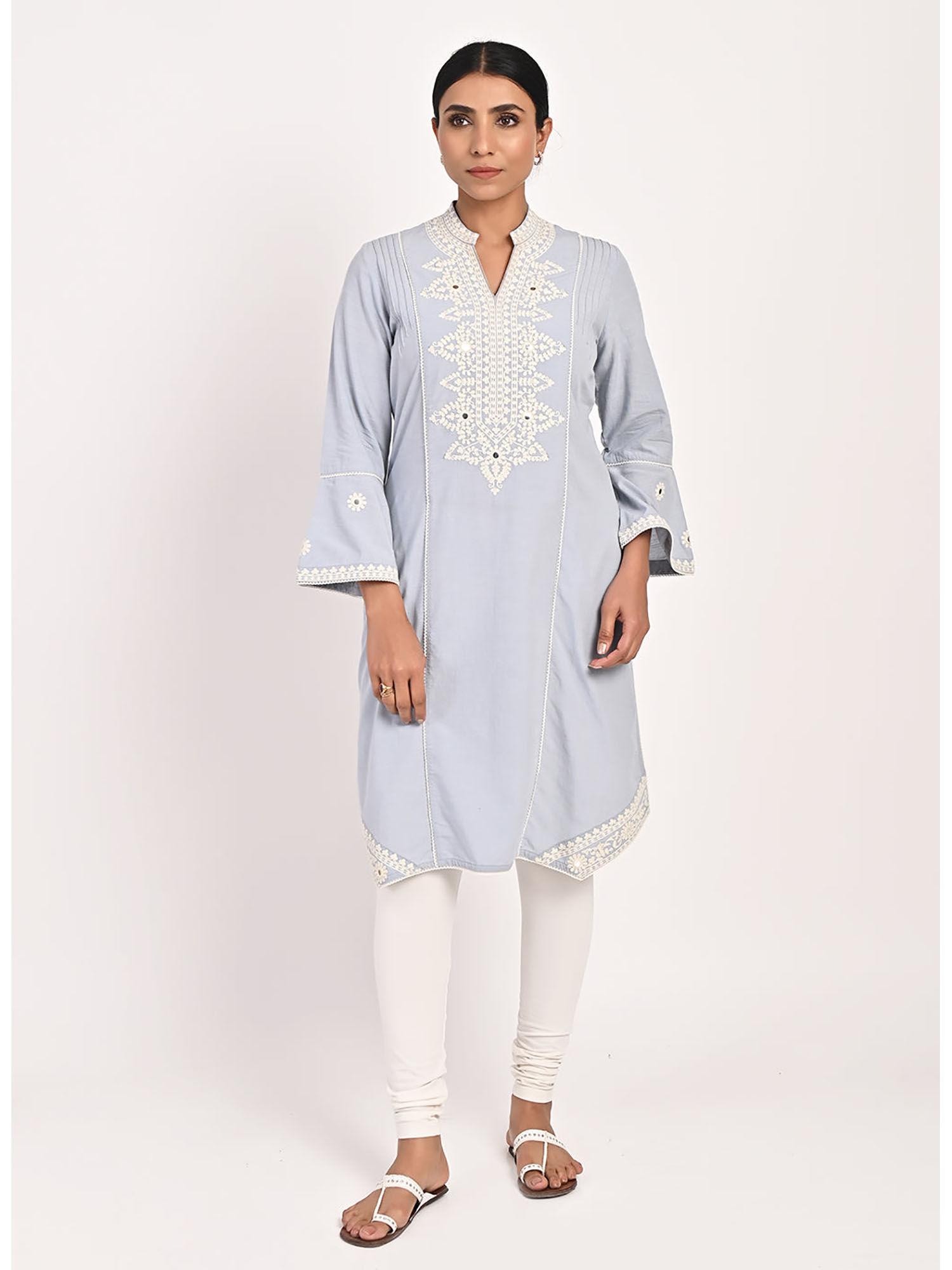 spa blue mid-length cotton kurti for women with embroidery