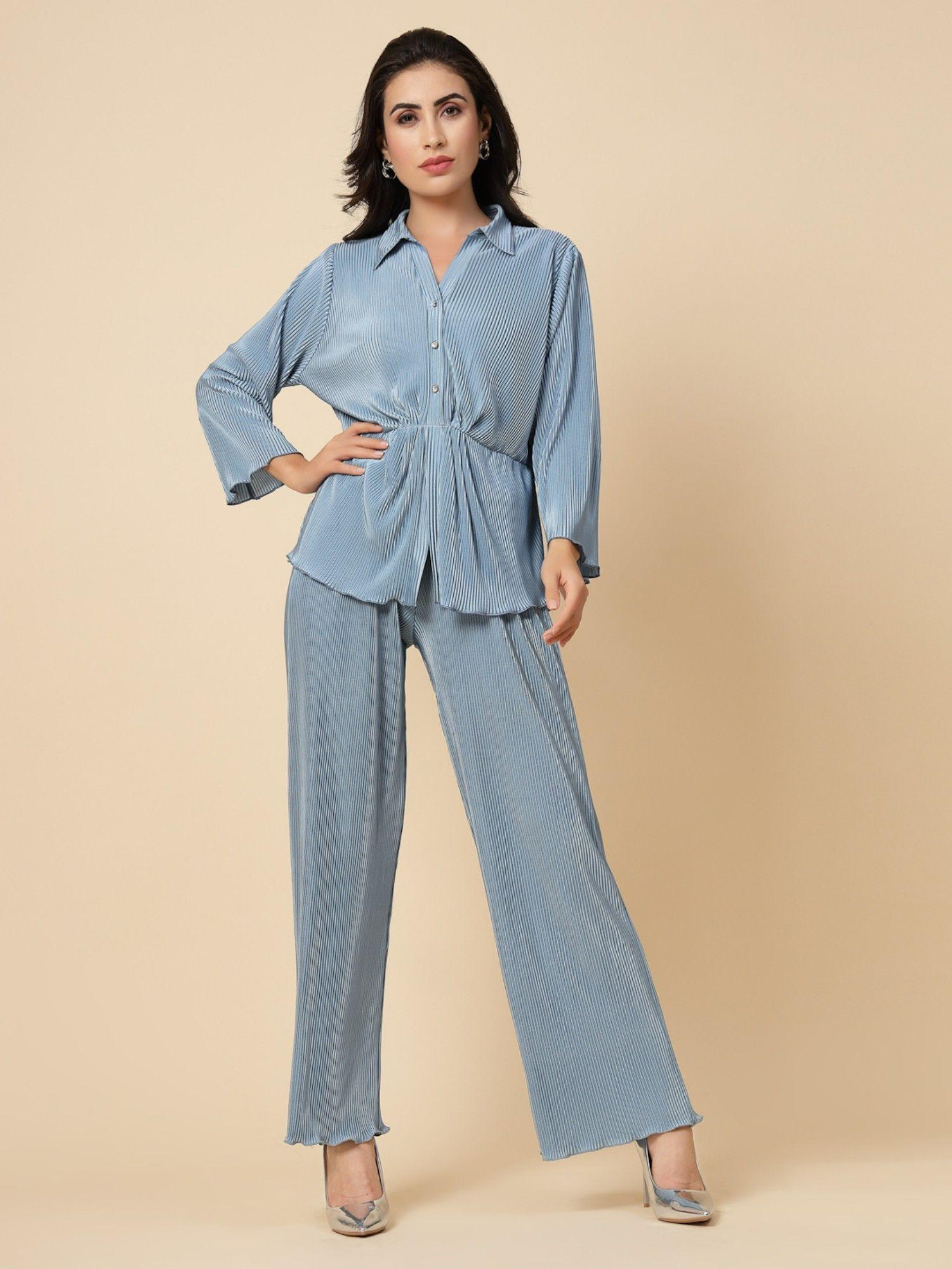 space blue solid satin co-ord (set of 2)