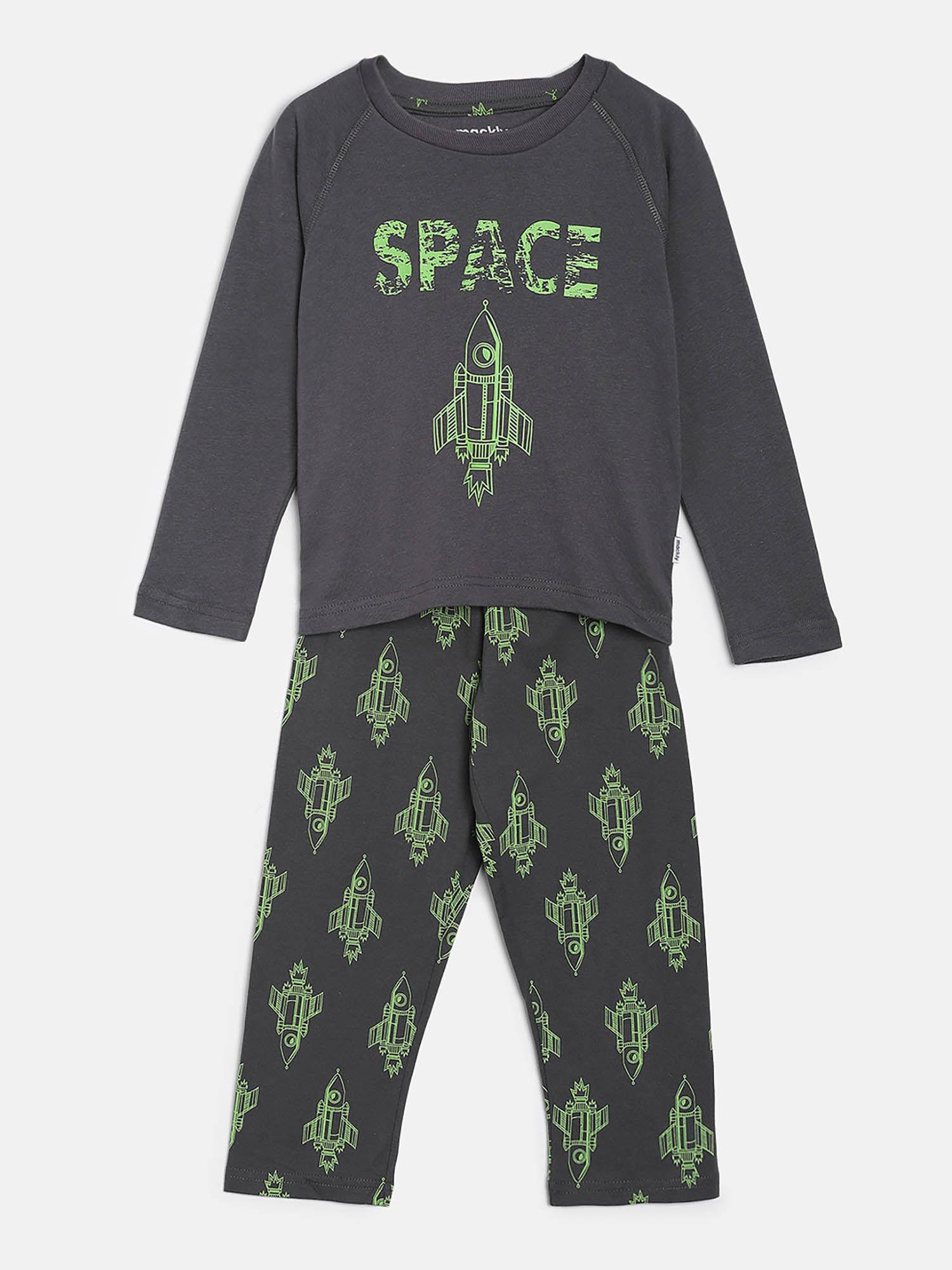 space charcoal grey & green printed top with pyjama (set of 2)