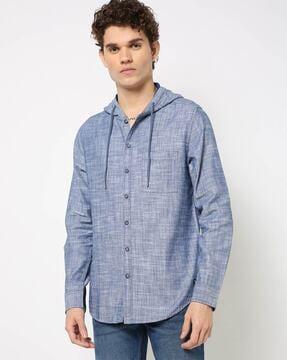 space-dyed hooded slim shirt with patch pocket