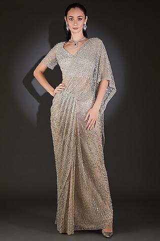 space grey tulle embroidered saree set