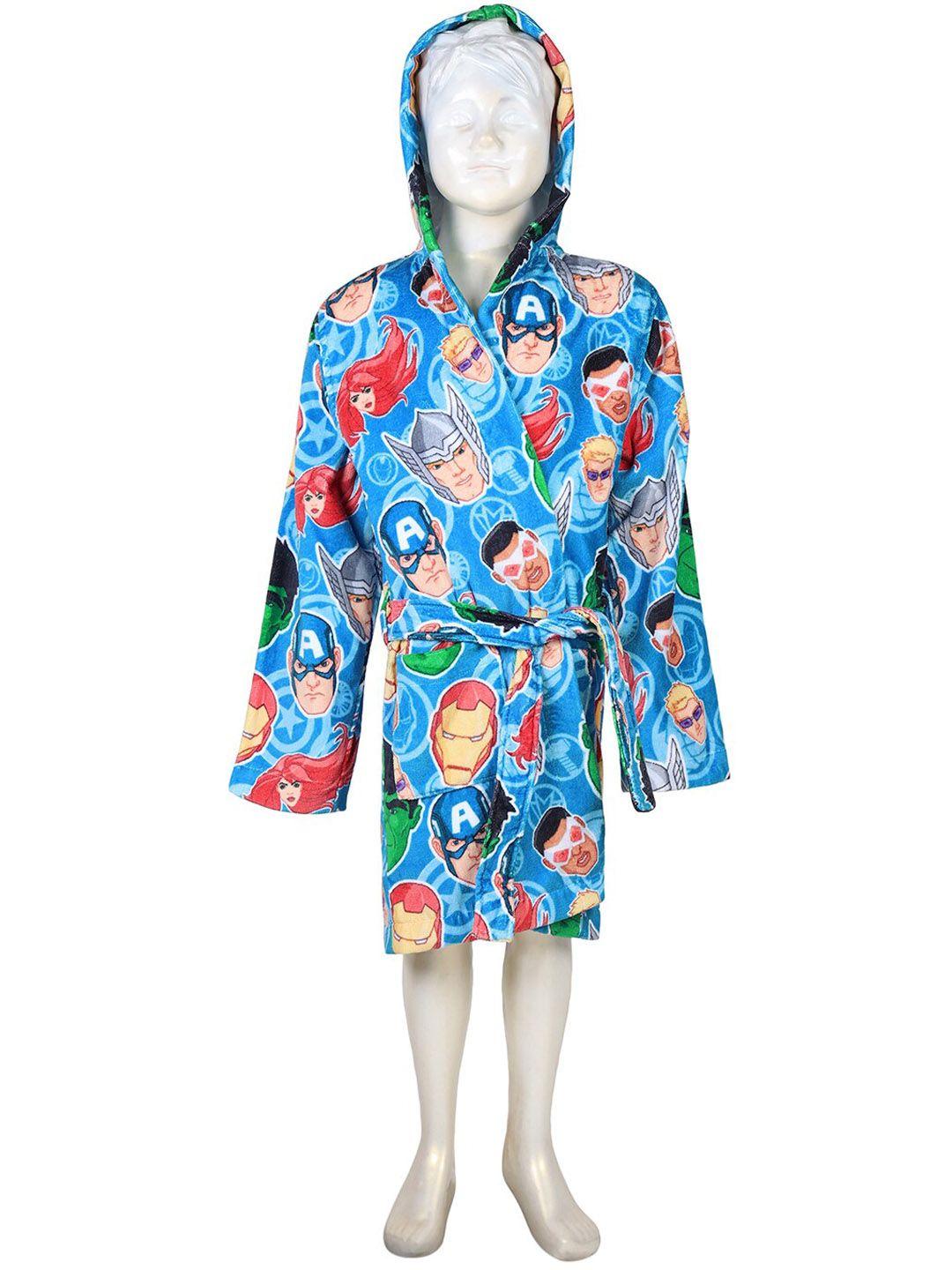 spaces blue & red printed pure cotton bath robe with belt