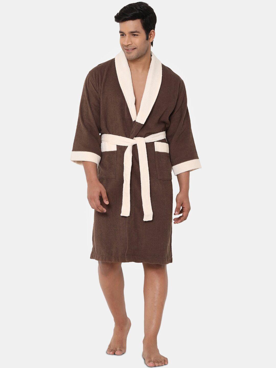 spaces brown & beige solid 300 gsm pure cotton bath robe