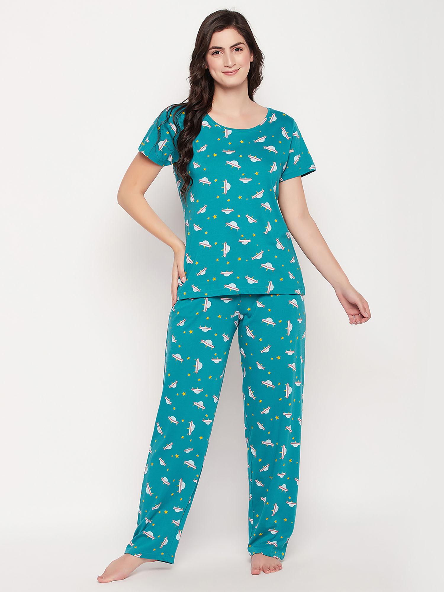 spaceship print top & pyjama teal blue - 100% cotton (set of 2)