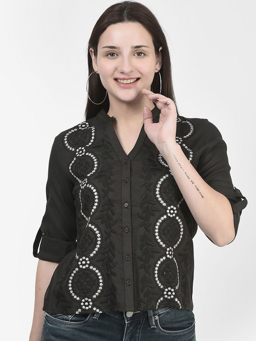 span ethnic motifs embroidered mandarin collar cotton shirt style top