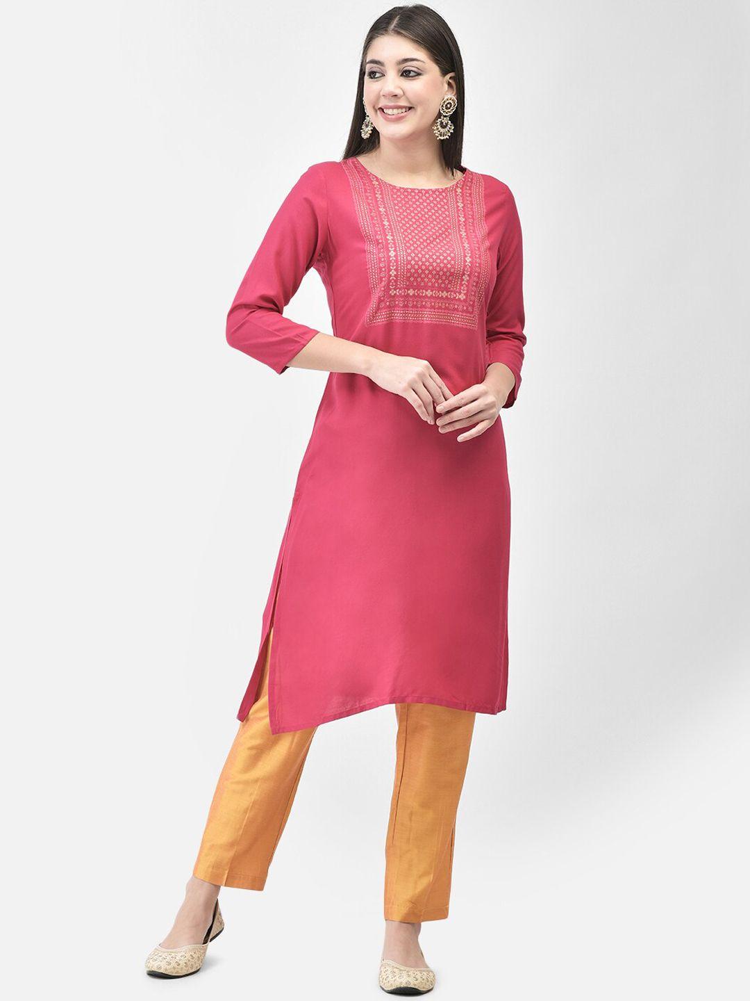 span women pink printed regular kurta with trousers