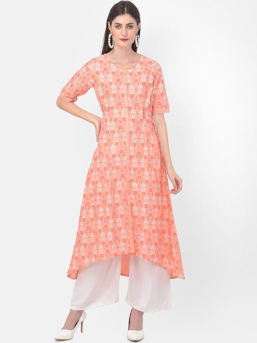 span  ethnic motifs printed round neck pleated a-line cotton kurta