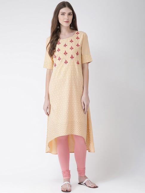 span beige cotton embellished high low kurta