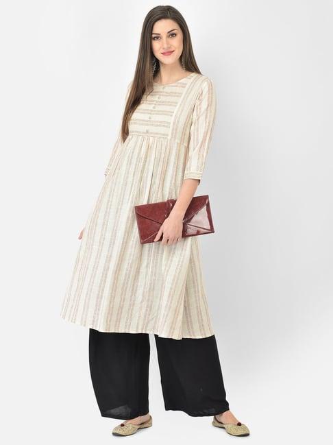 span beige cotton striped a line kurta