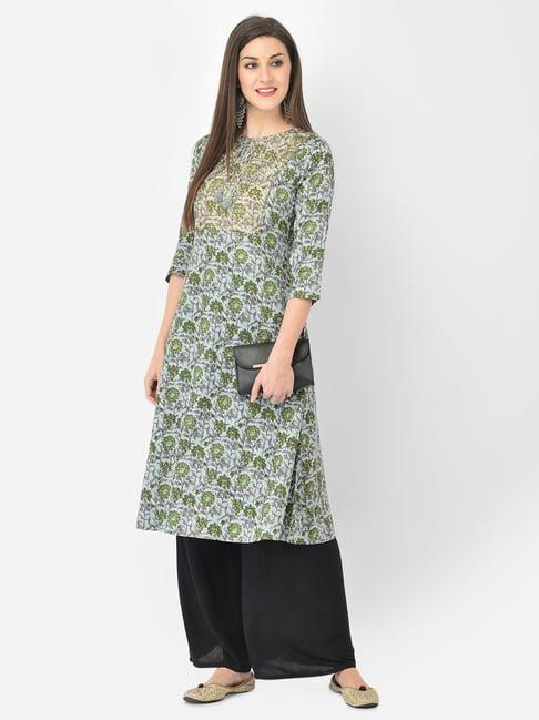 span blue & green cotton floral print a line kurta