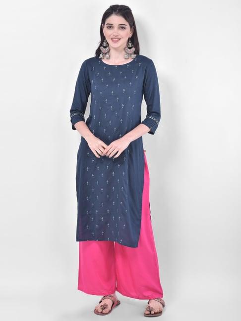 span blue cotton embellished straight kurta