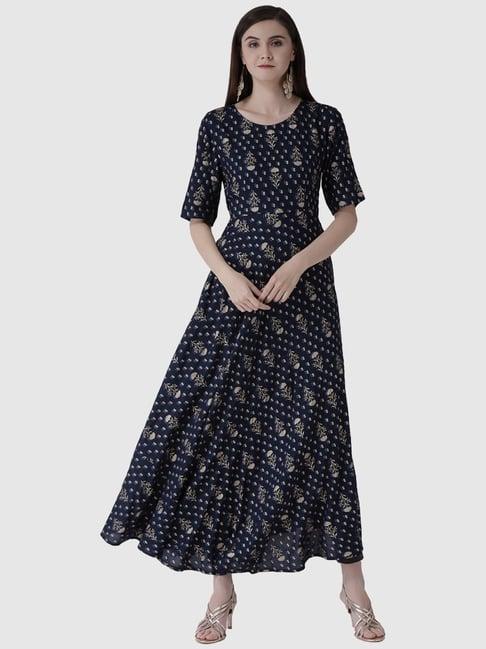 span blue cotton floral print a line kurta